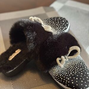 Gianni Bini Black and Silver Plush Slippers